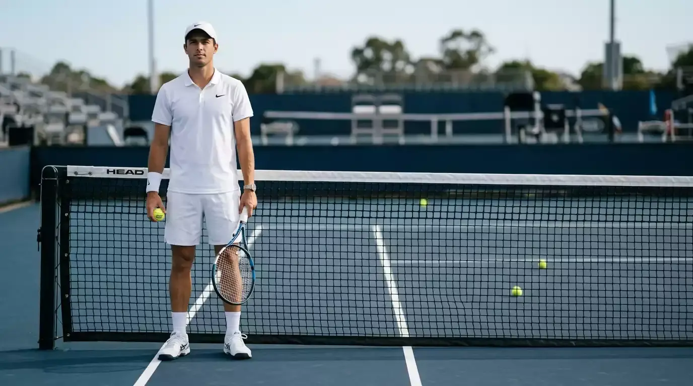 Tennisspieler beim Volley am Netz auf einem Hartplatz während eines ATP-Turniers