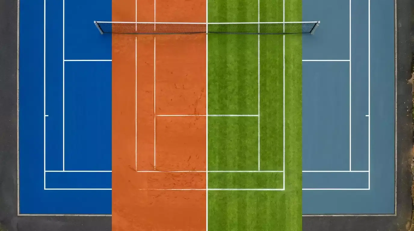 Vier verschiedene Tennisplatzbeläge nebeneinander als Symbol für die vier Grand-Slam-Turniere
