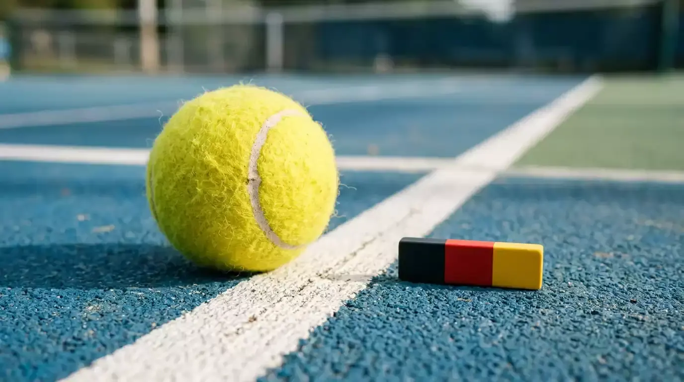 Tennisball auf einem Platz neben einer deutschen Flagge als Symbol für die Regulierung von Sportwetten in Deutschland