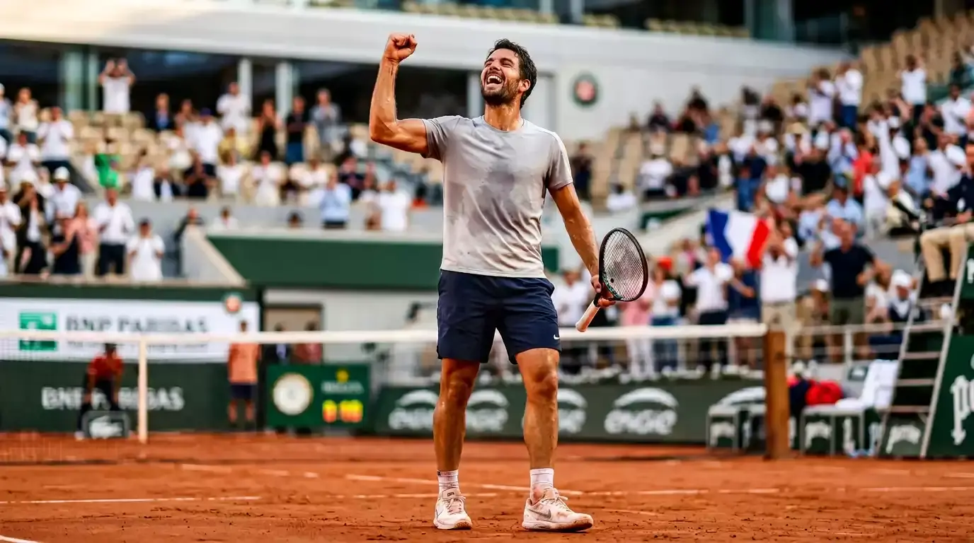Tennisspieler feiert einen überraschenden Sieg mit erhobener Faust auf einem Sandplatz
