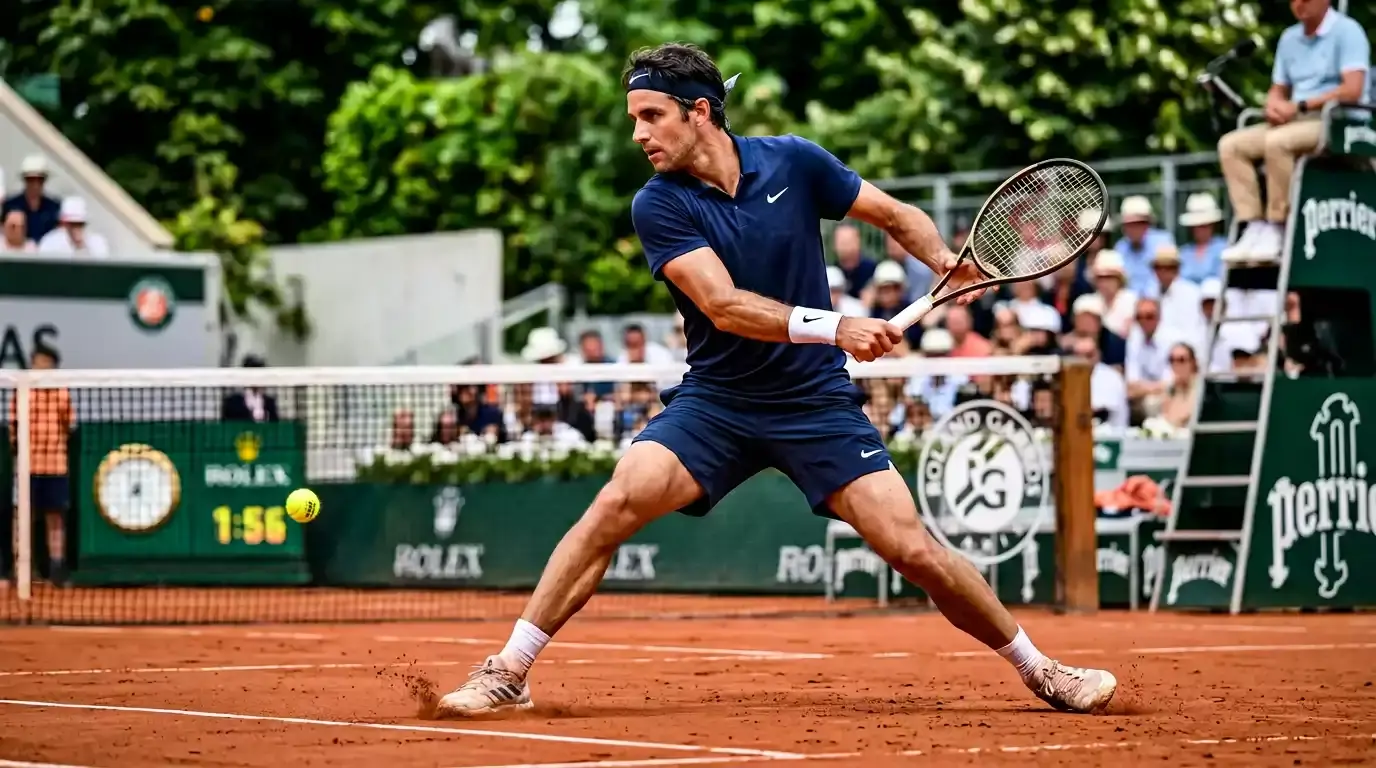 Tennisspieler beim Return-Schlag auf einem Sandplatz in einer entscheidenden Spielsituation