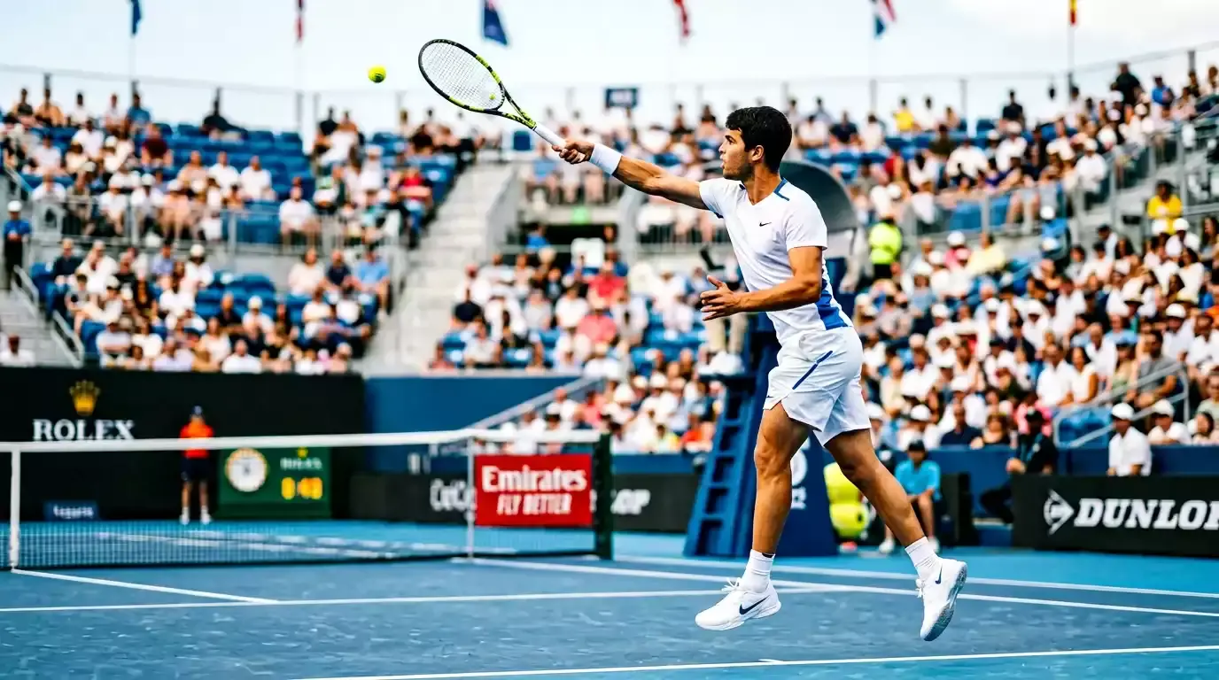 Tennisspieler beim kraftvollen Aufschlag auf einem Hartplatz bei einem Profiturnier