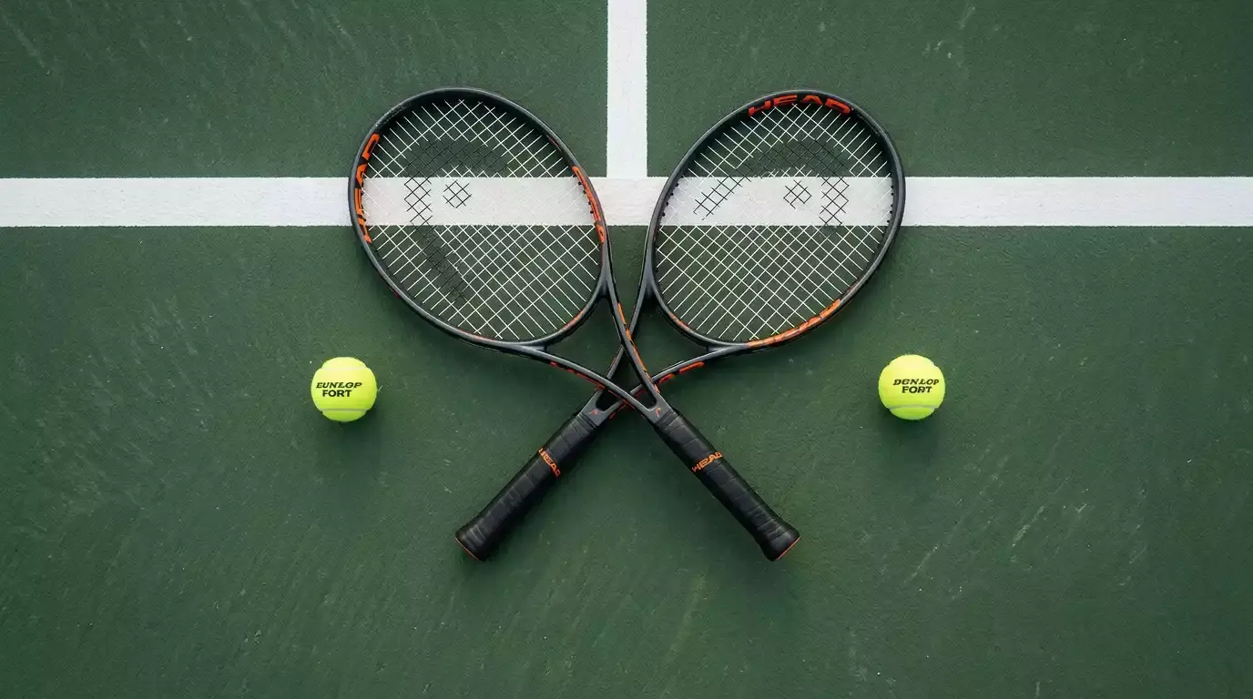 Zwei Tennisschläger gekreuzt auf einem Tennisplatz als Symbol für den Direktvergleich zweier Spieler