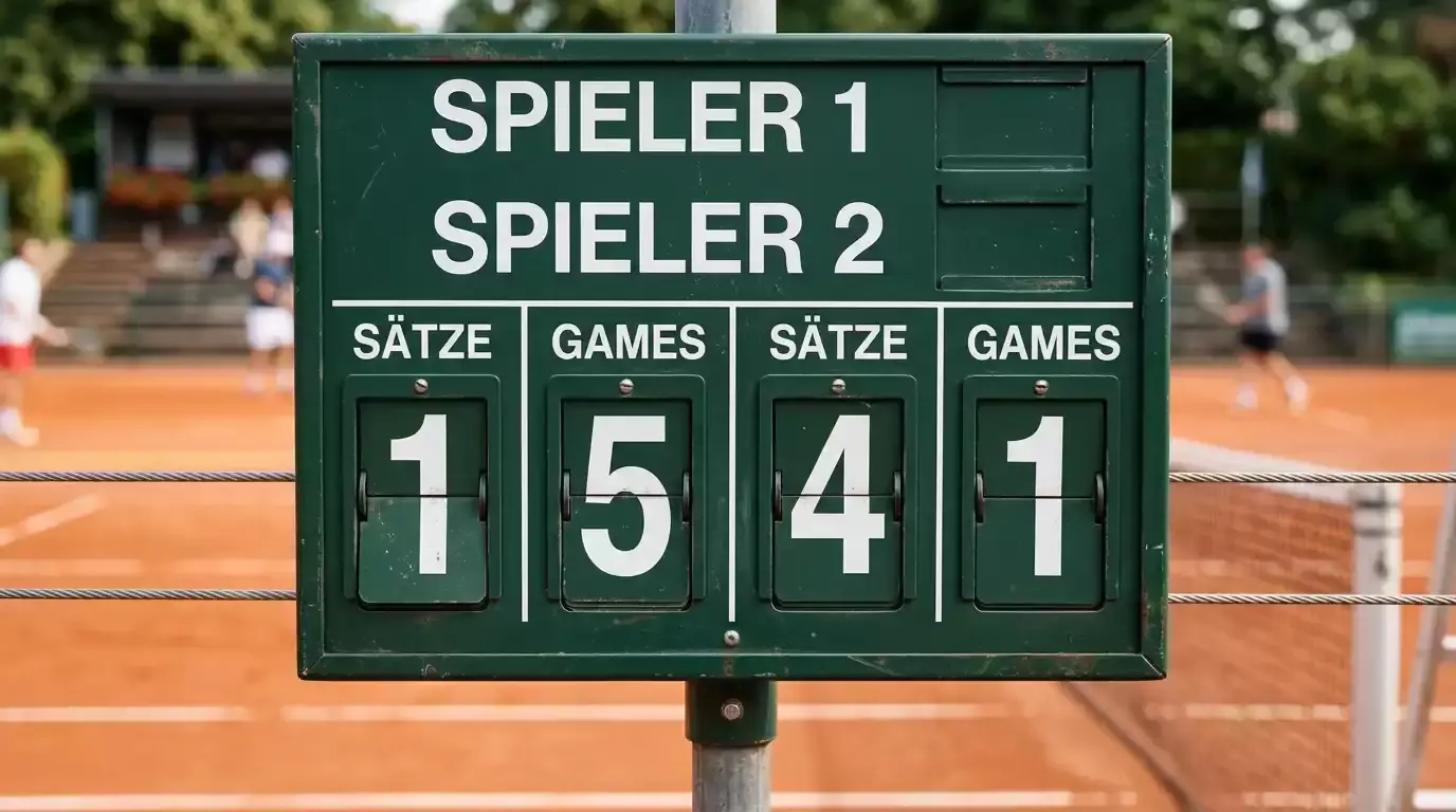 Detailaufnahme einer Tennisplatz-Anzeigetafel mit Spielstand und Games als Symbol für Handicap-Wetten