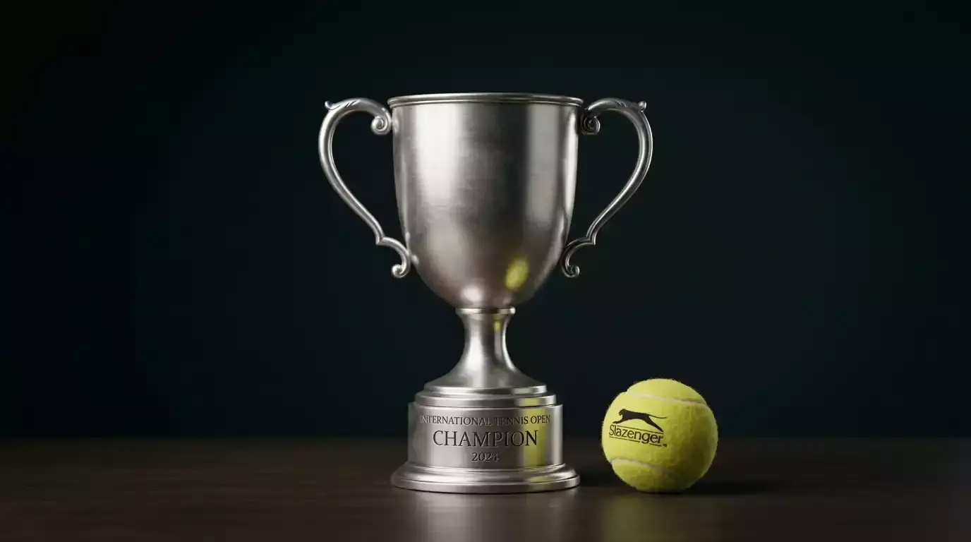 Tennispokal auf einem Tisch neben einem Tennisball als Symbol für Turniersieg-Wetten