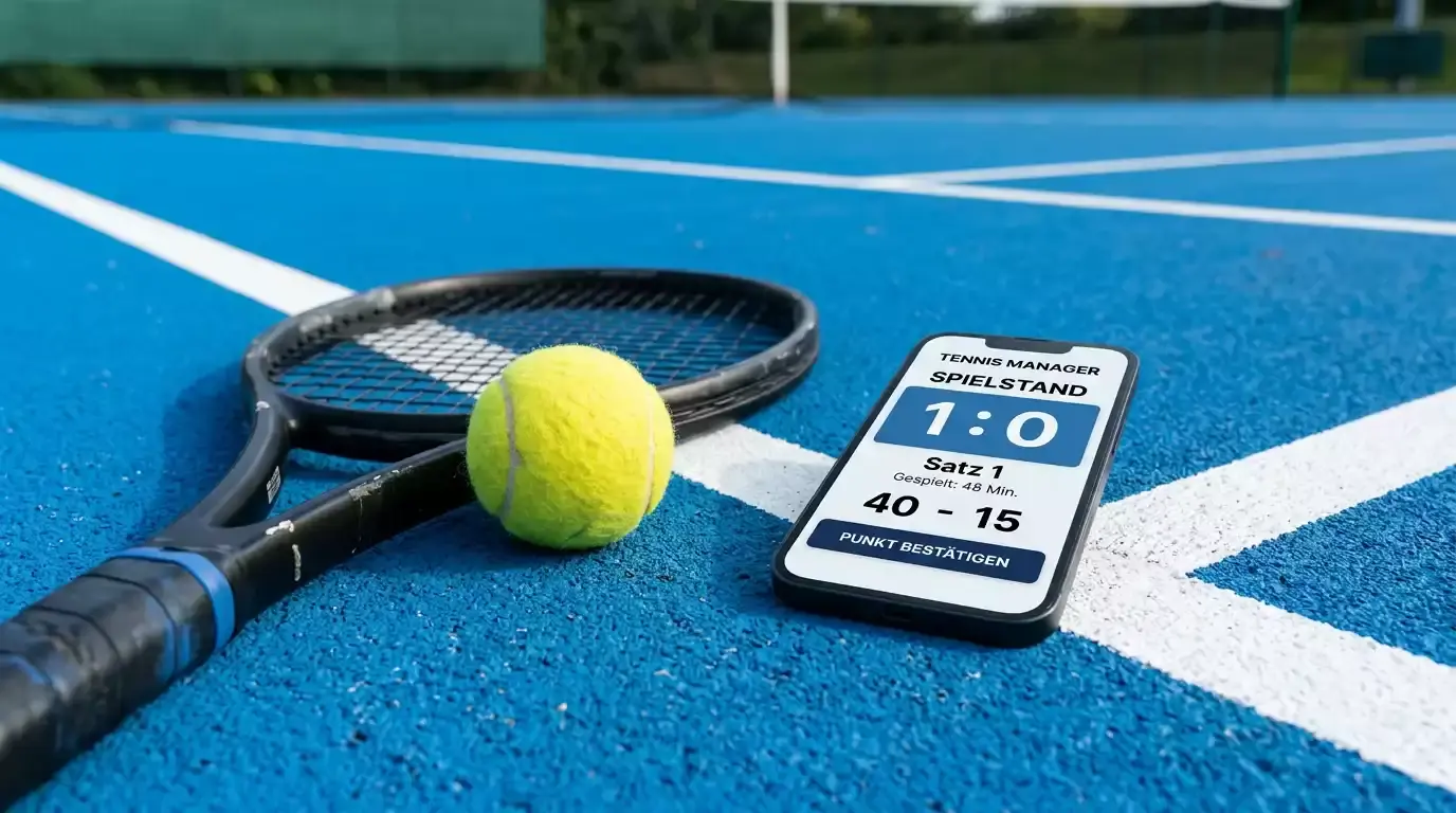 Tennisschläger und Ball auf einem Hartplatz mit einem Smartphone daneben als Symbol für den Einstieg in Tenniswetten