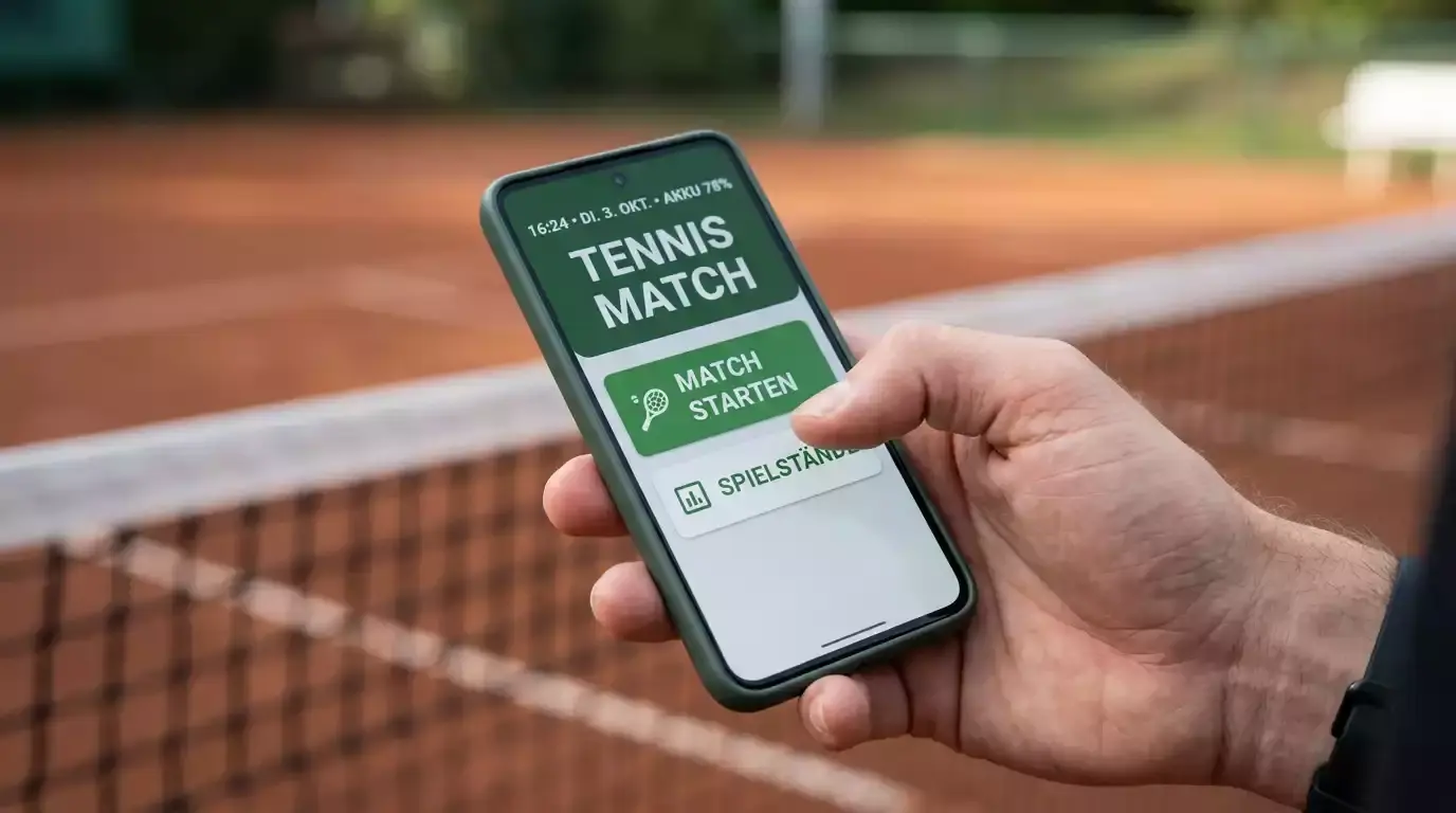 Smartphone in der Hand eines Zuschauers an einem Tennisplatz mit Live-Wetten-Oberfläche auf dem Bildschirm