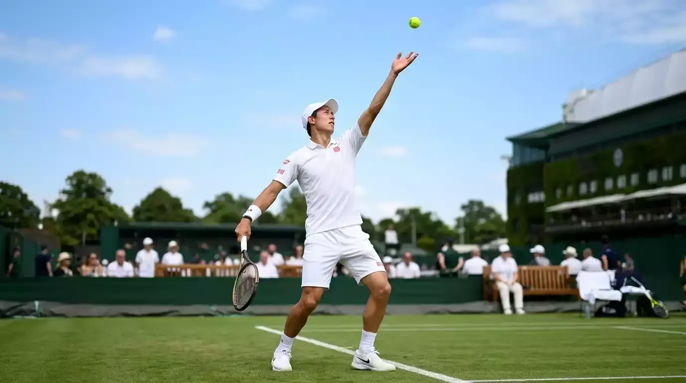 Tennisspieler beim Ballwurf vor dem Aufschlag auf einem Rasenplatz