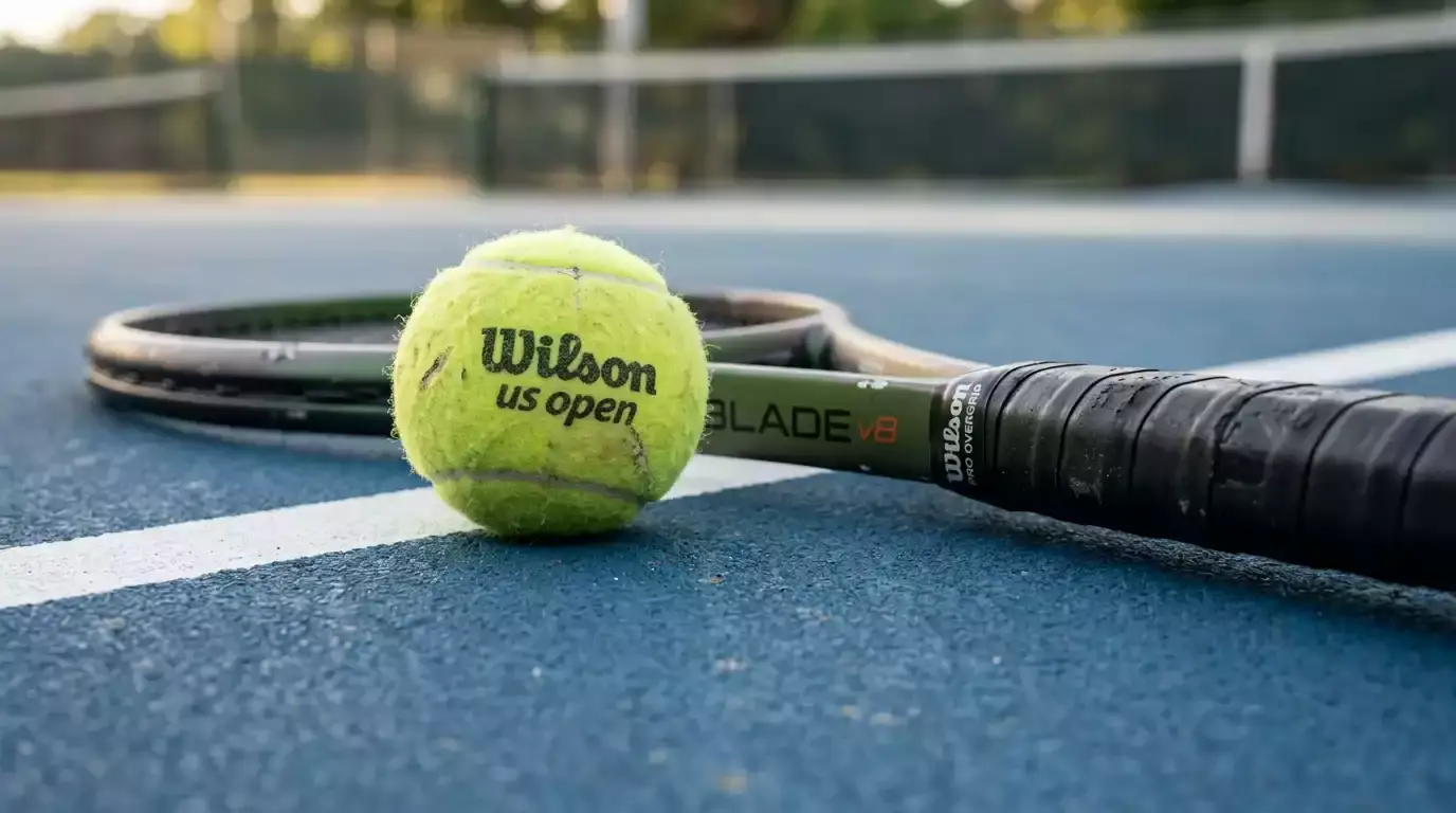 Gebrauchter Tennisball und abgenutzter Tennisschläger auf einem Platz als Symbol für Erfahrung und Lernprozess