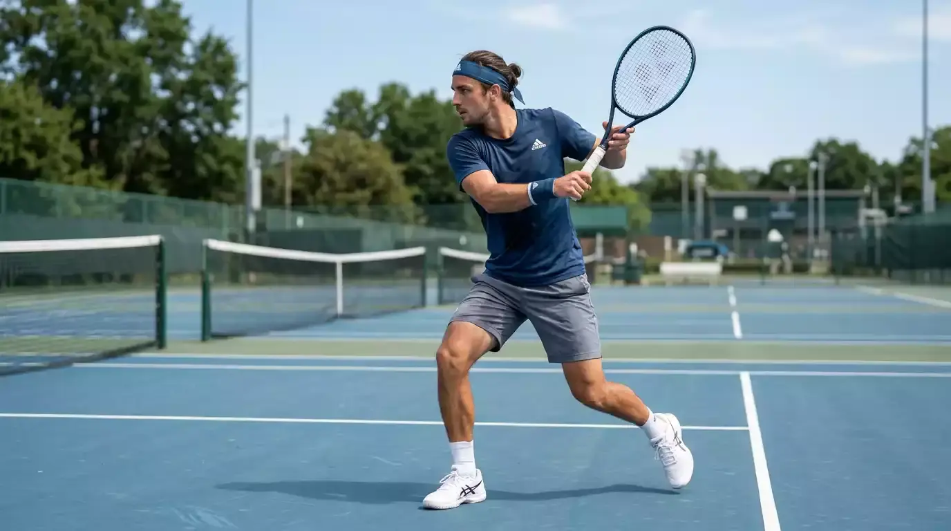 Tennisspieler beim intensiven Training auf einem Hartplatz als Symbol für aktuelle Spielerform