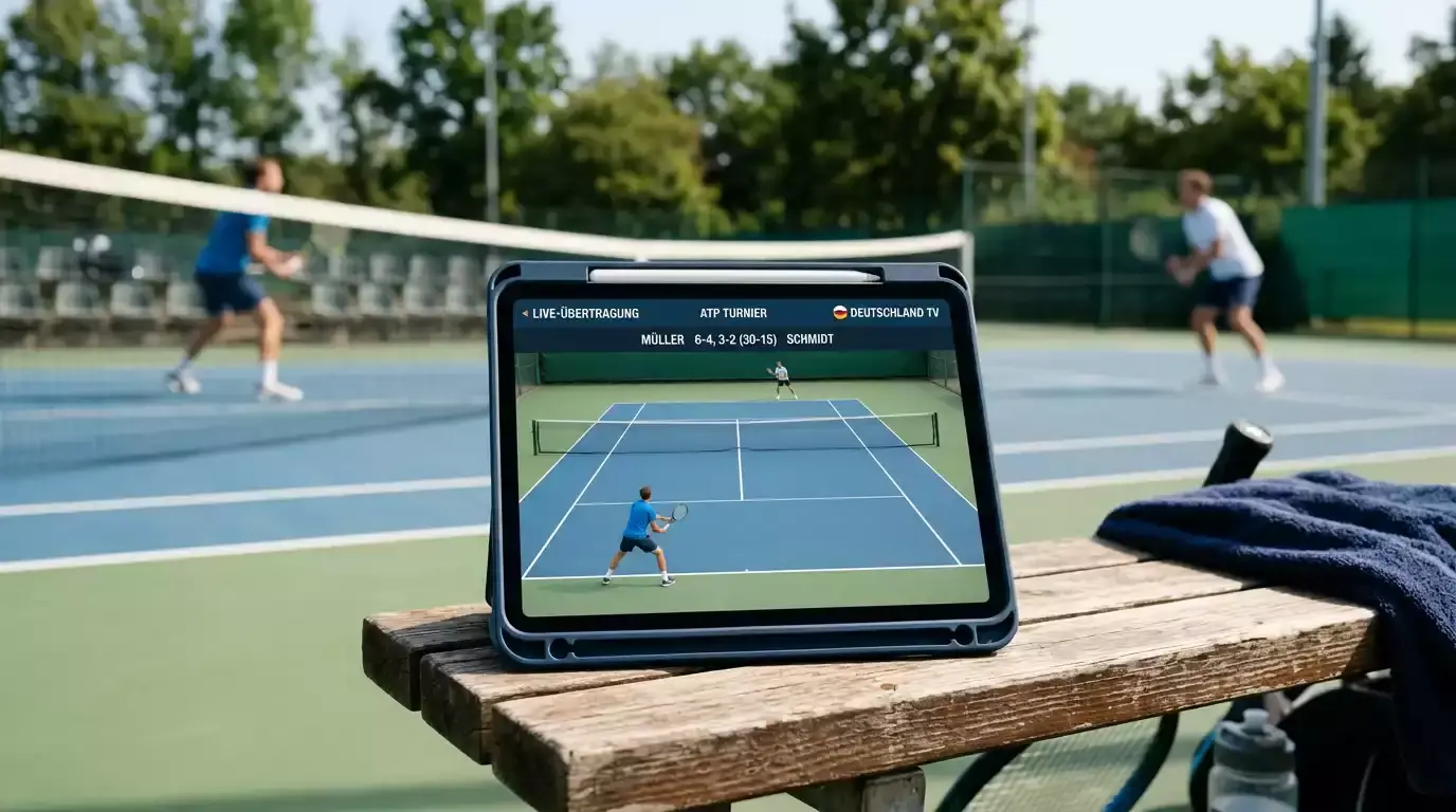 Tablet zeigt ein Tennismatch auf dem Bildschirm neben einem Tennisplatz