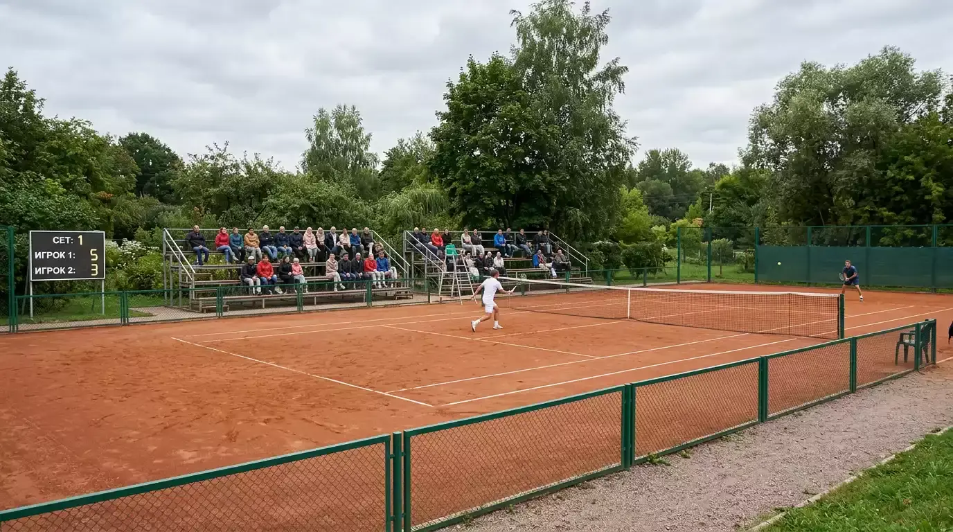 Leerer Tennisplatz bei einem kleinen Turnier mit wenigen Zuschauerrängen als Symbol für Manipulationsrisiken bei Turnieren unterer Ebenen