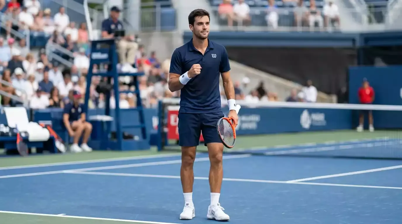 Tennisspieler ballt die Faust nach einem gewonnenen Punkt als Symbol für Momentum im Tennisspiel