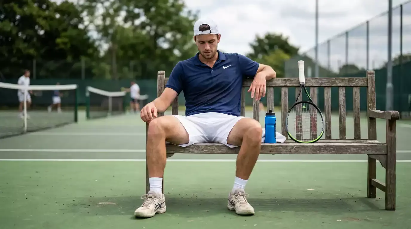 Tennisspieler sitzt auf der Bank und blickt nachdenklich auf seinen Schläger als Symbol für die mentale Seite des Wettens