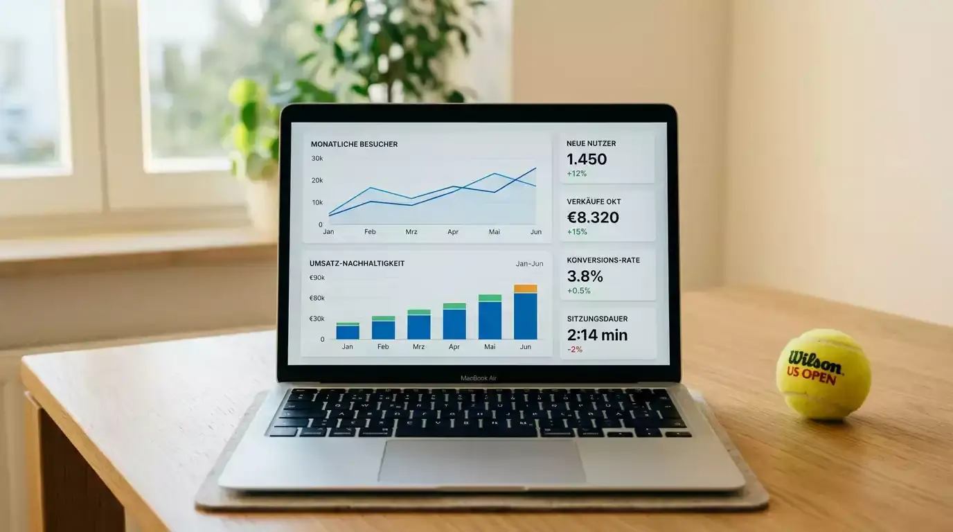 Laptop mit Datenanalyse-Oberfläche neben einem Tennisball auf einem Schreibtisch