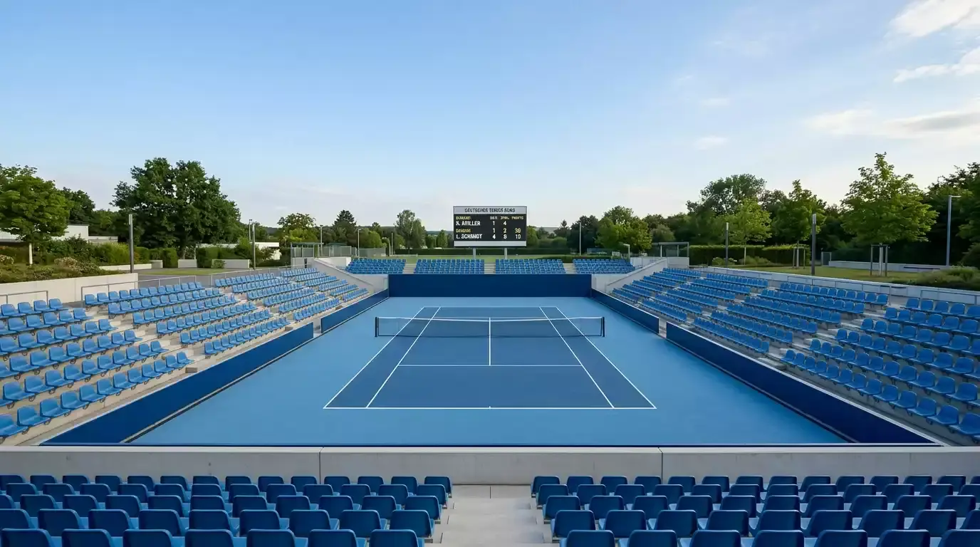 Tennisplatz eines kleinen ATP-Turniers mit wenigen Tribünenplätzen als Kontrast zu großen Stadien