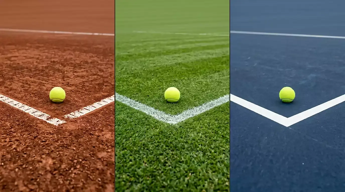Belagsvergleich Tennis: Sandplatz, Rasenplatz und Hartplatz nebeneinander