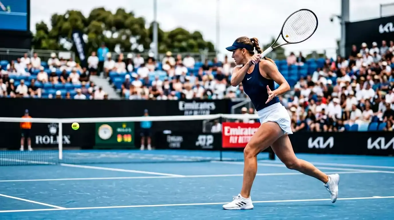 Tennisspielerin bei der Vorhand auf einem Hartplatz während eines WTA-Turniers